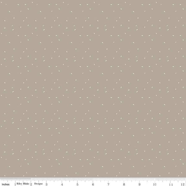 Image of Olive Grove Dots Pewter quilting cotton fabric by Amber Elliot for Riley Blake Designs. Features dots on a brown background. Cute Little Fabric Shop