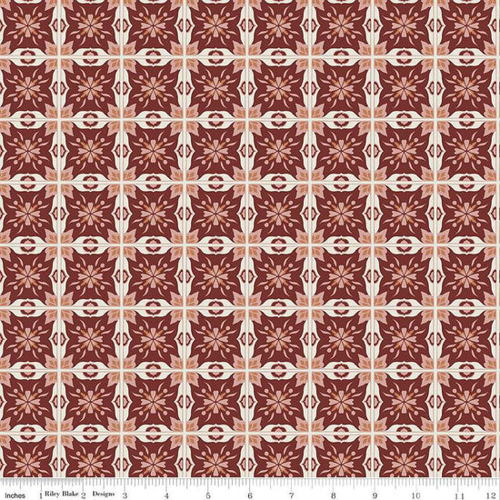 Image of Olive Grove Mill Tiles Plum quilting cotton fabric by Amber Elliot for Riley Blake Designs. Features flower tiles on a brown background. Cute Little Fabric Shop