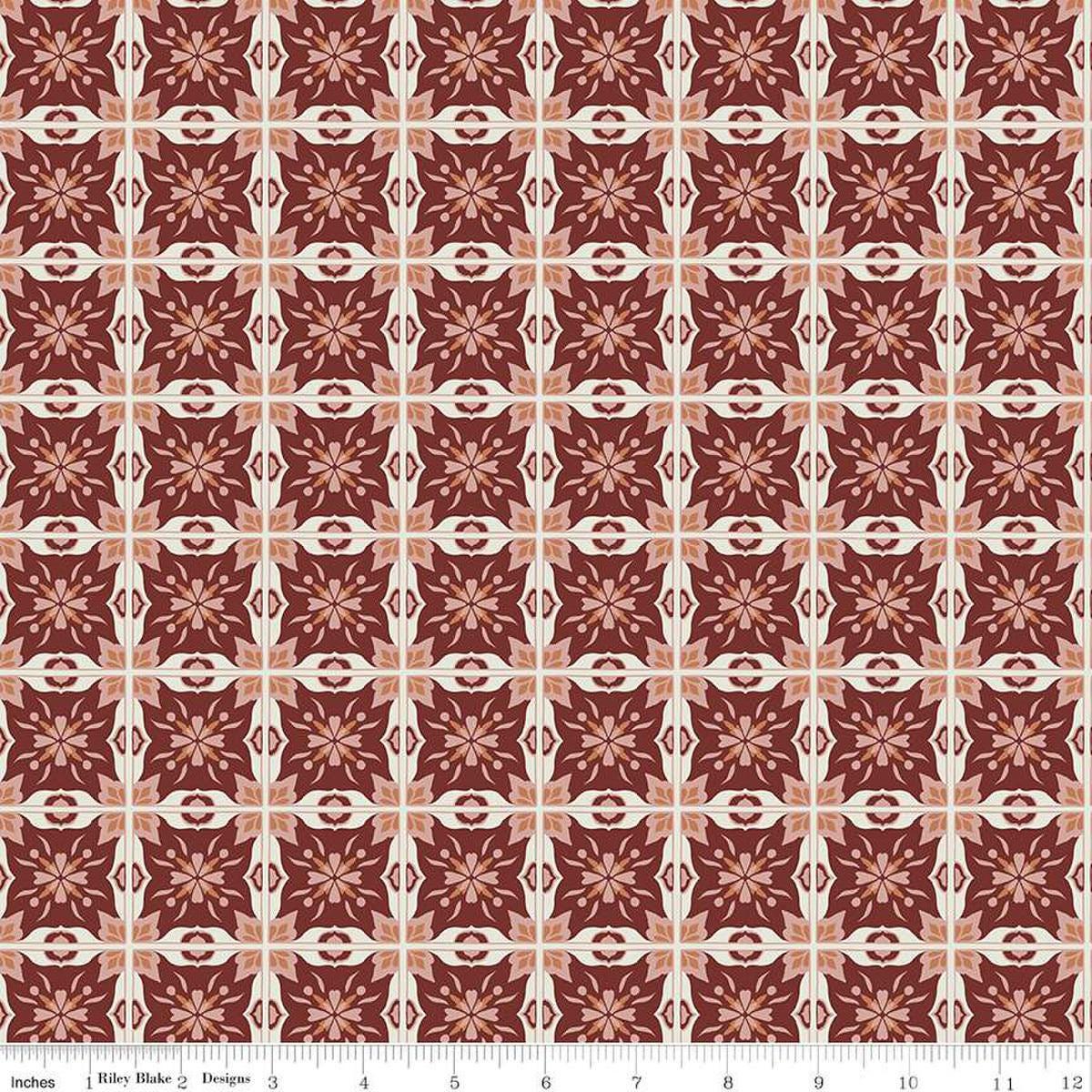 Image of Olive Grove Mill Tiles Plum quilting cotton fabric by Amber Elliot for Riley Blake Designs. Features flower tiles on a brown background. Cute Little Fabric Shop