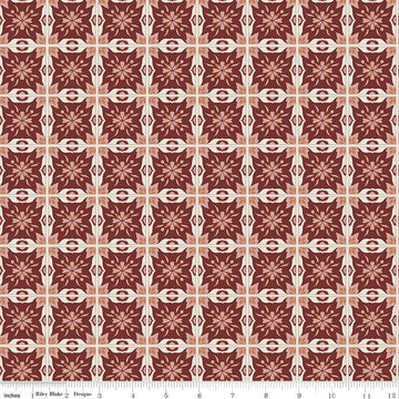 Image of Olive Grove Mill Tiles Plum quilting cotton fabric by Amber Elliot for Riley Blake Designs. Features flower tiles on a brown background. Cute Little Fabric Shop