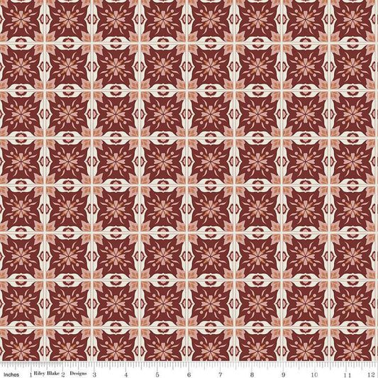 Image of Olive Grove Mill Tiles Plum quilting cotton fabric by Amber Elliot for Riley Blake Designs. Features flower tiles on a brown background. Cute Little Fabric Shop