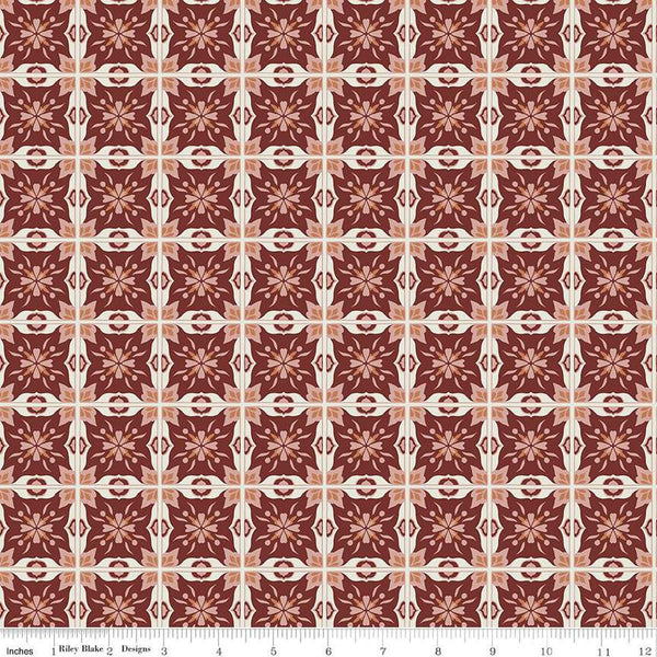 Image of Olive Grove Mill Tiles Plum quilting cotton fabric by Amber Elliot for Riley Blake Designs. Features flower tiles on a brown background. Cute Little Fabric Shop