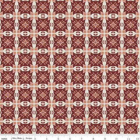 Image of Olive Grove Mill Tiles Plum quilting cotton fabric by Amber Elliot for Riley Blake Designs. Features flower tiles on a brown background. Cute Little Fabric Shop