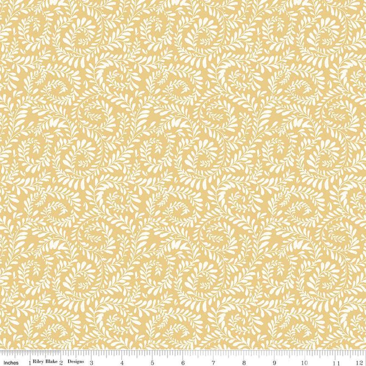 Image of Sunflower Whispers Ferns Yellow quilting cotton fabric by Lisa Audit for Riley Blake Designs. Features leaves on a yellow background. Cute Little Fabric Shop