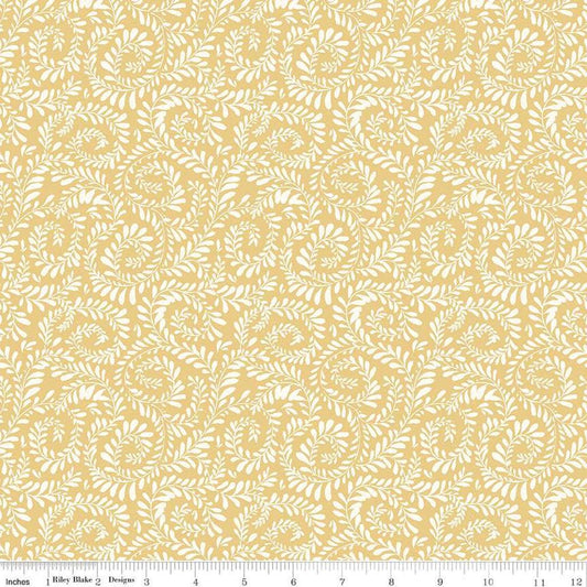Image of Sunflower Whispers Ferns Yellow quilting cotton fabric by Lisa Audit for Riley Blake Designs. Features leaves on a yellow background. Cute Little Fabric Shop