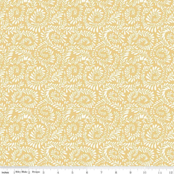 Image of Sunflower Whispers Ferns Yellow quilting cotton fabric by Lisa Audit for Riley Blake Designs. Features leaves on a yellow background. Cute Little Fabric Shop