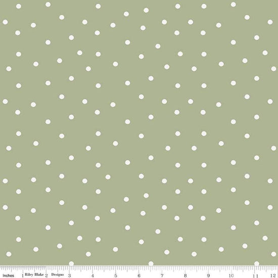 Image of Sunflower Whispers Dots Green quilting cotton fabric by Lisa Audit for Riley Blake Designs. Features dots on a green background. Cute Little Fabric Shop