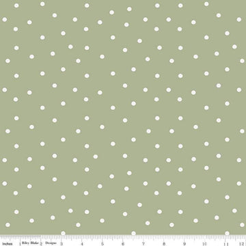 Image of Sunflower Whispers Dots Green quilting cotton fabric by Lisa Audit for Riley Blake Designs. Features dots on a green background. Cute Little Fabric Shop
