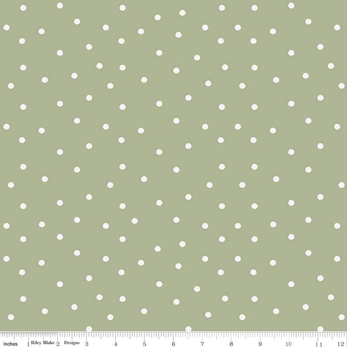 Image of Sunflower Whispers Dots Green quilting cotton fabric by Lisa Audit for Riley Blake Designs. Features dots on a green background. Cute Little Fabric Shop