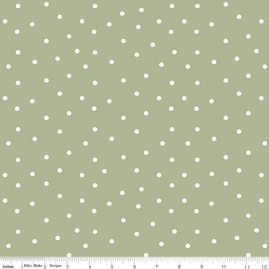 Image of Sunflower Whispers Dots Green quilting cotton fabric by Lisa Audit for Riley Blake Designs. Features dots on a green background. Cute Little Fabric Shop