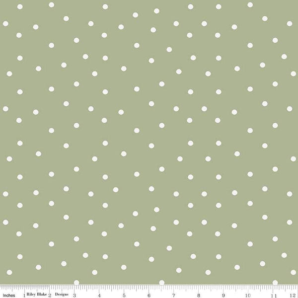 Image of Sunflower Whispers Dots Green quilting cotton fabric by Lisa Audit for Riley Blake Designs. Features dots on a green background. Cute Little Fabric Shop