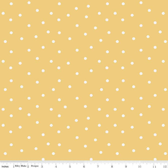 Image of Sunflower Whispers Dots Yellow quilting cotton fabric by Lisa Audit for Riley Blake Designs. Features dots on a yellow background. Cute Little Fabric Shop