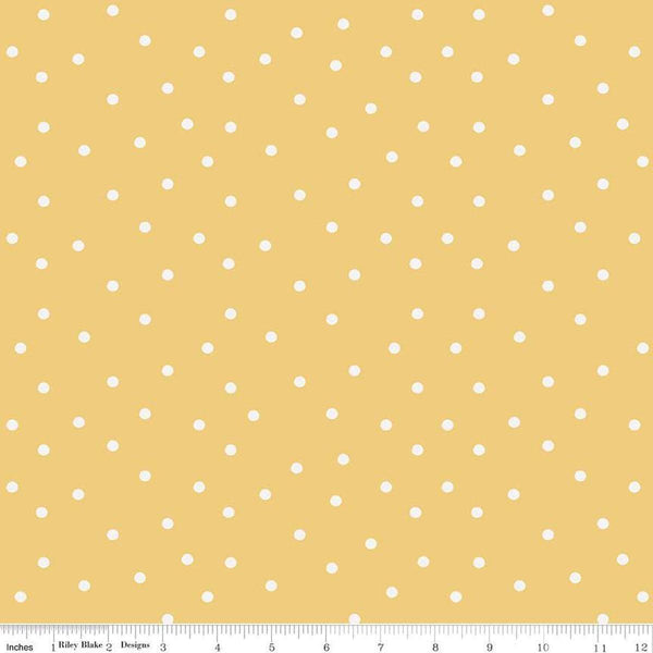 Image of Sunflower Whispers Dots Yellow quilting cotton fabric by Lisa Audit for Riley Blake Designs. Features dots on a yellow background. Cute Little Fabric Shop