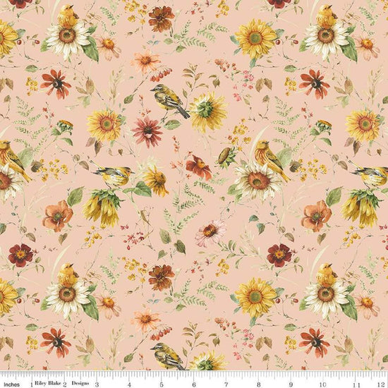 Image of Sunflower Whispers Prairie Blush quilting cotton fabric by Lisa Audit for Riley Blake Designs. Features flowers on a pink background. Cute Little Fabric Shop