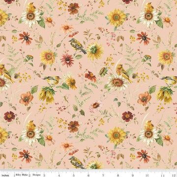 Image of Sunflower Whispers Prairie Blush quilting cotton fabric by Lisa Audit for Riley Blake Designs. Features flowers on a pink background. Cute Little Fabric Shop