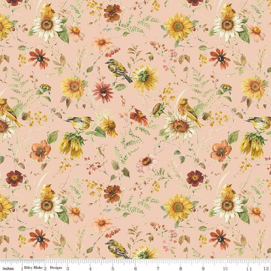 Image of Sunflower Whispers Prairie Blush quilting cotton fabric by Lisa Audit for Riley Blake Designs. Features flowers on a pink background. Cute Little Fabric Shop