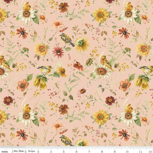 Image of Sunflower Whispers Prairie Blush quilting cotton fabric by Lisa Audit for Riley Blake Designs. Features flowers on a pink background. Cute Little Fabric Shop
