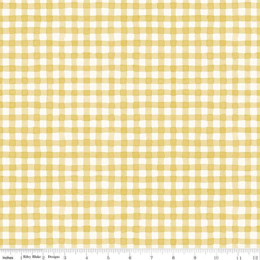 Image of Sunflower Whispers Gingham Yellow quilting cotton fabric by Lisa Audit for Riley Blake Designs. Features gingham on a yellow background. Cute Little Fabric Shop