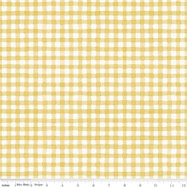 Image of Sunflower Whispers Gingham Yellow quilting cotton fabric by Lisa Audit for Riley Blake Designs. Features gingham on a yellow background. Cute Little Fabric Shop