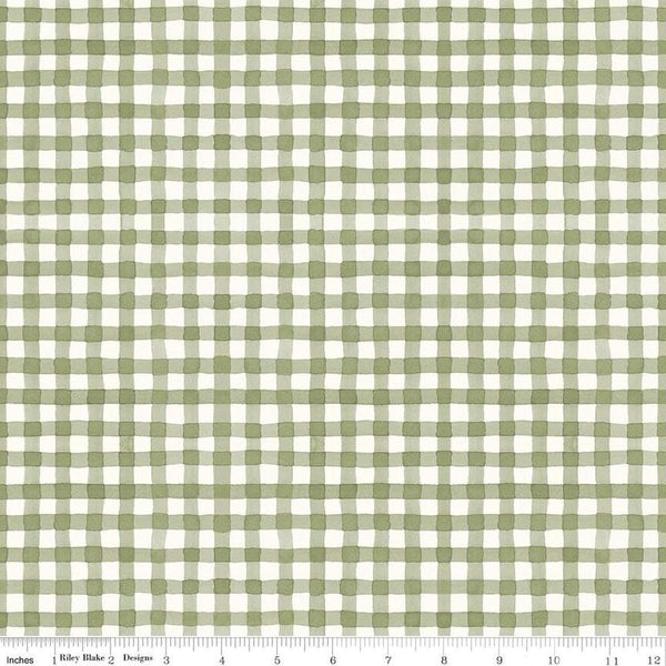 Image of Sunflower Whispers Gingham Green quilting cotton fabric by Lisa Audit for Riley Blake Designs. Features gingham on a green background. Cute Little Fabric Shop