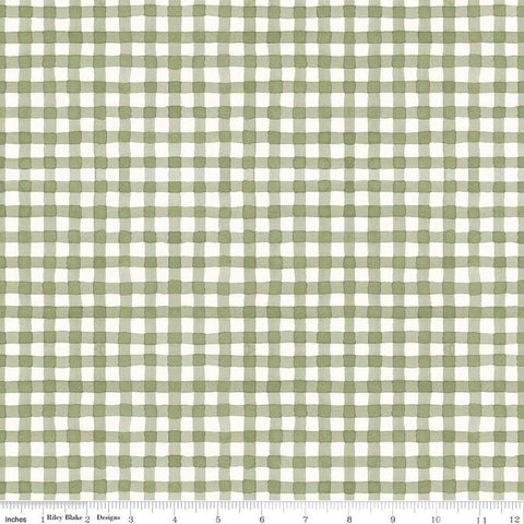 Image of Sunflower Whispers Gingham Green quilting cotton fabric by Lisa Audit for Riley Blake Designs. Features gingham on a green background. Cute Little Fabric Shop