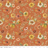 Image of Sunflower Whispers Prairie Pumpkin quilting cotton fabric by Lisa Audit for Riley Blake Designs. Features flowers on an orange background. Cute Little Fabric Shop