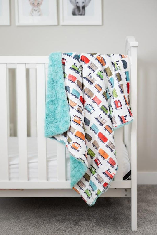 SALE Trainyard Cream Baby Minky Blanket - MB6001 - Riley Blake Designs - Train Locomotive - Prepackaged Dreamy Baby Minky Blanket
