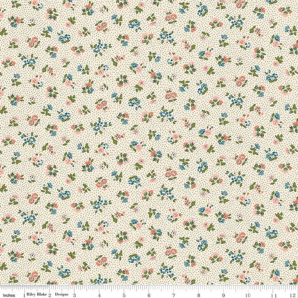 Floral Nostalgia Flora Beatrice quilting cotton fabric by Liberty Fabrics for Riley Blake Designs. Features flowers on a cream background. Cute Little Fabric Shop