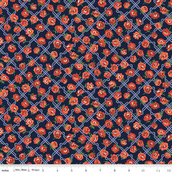 Floral Nostalgia Rosemary Bloom quilting cotton fabric by Liberty Fabrics for Riley Blake Designs. Features flowers on a navy background. Cute Little Fabric Shop