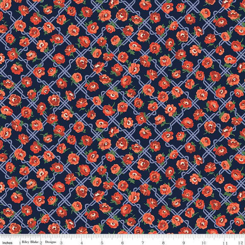 Floral Nostalgia Rosemary Bloom quilting cotton fabric by Liberty Fabrics for Riley Blake Designs. Features flowers on a navy background. Cute Little Fabric Shop