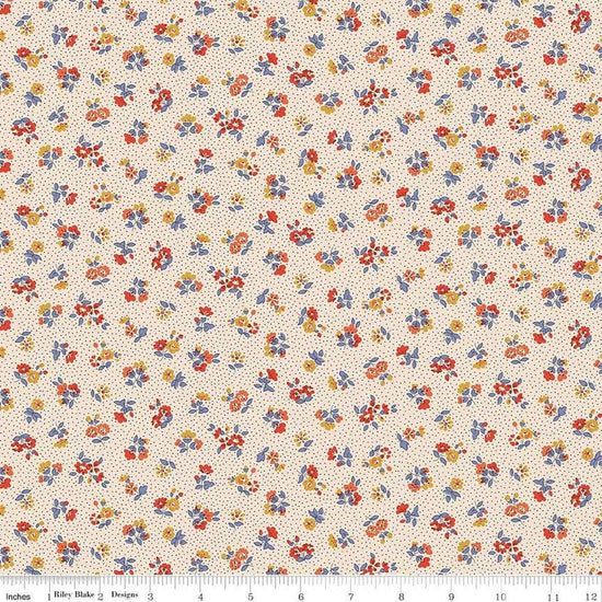 Floral Nostalgia Flora Beatrice quilting cotton fabric by Liberty Fabrics for Riley Blake Designs. Features flowers on a cream background. Cute Little Fabric Shop
