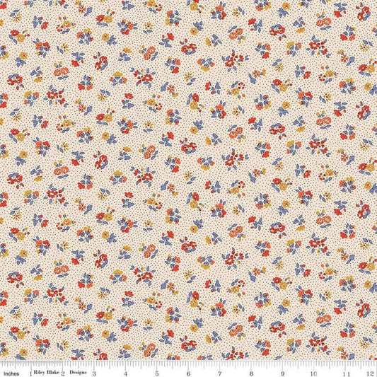 Floral Nostalgia Flora Beatrice quilting cotton fabric by Liberty Fabrics for Riley Blake Designs. Features flowers on a cream background. Cute Little Fabric Shop