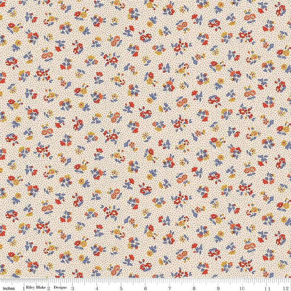 Floral Nostalgia Flora Beatrice quilting cotton fabric by Liberty Fabrics for Riley Blake Designs. Features flowers on a cream background. Cute Little Fabric Shop