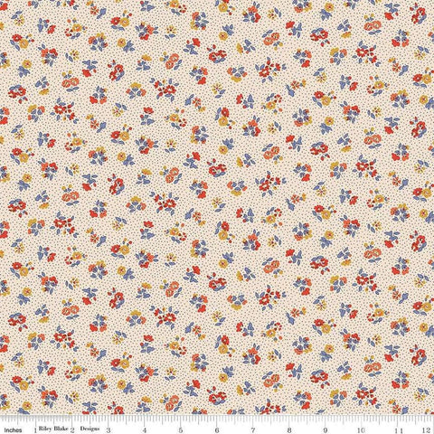 Floral Nostalgia Flora Beatrice quilting cotton fabric by Liberty Fabrics for Riley Blake Designs. Features flowers on a cream background. Cute Little Fabric Shop