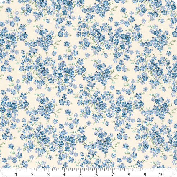 Floral Nostalgia Forget-Me-Not Trail quilting cotton fabric by Liberty Fabrics for Riley Blake Designs. Features flowers on a cream background. Cute Little Fabric Shop