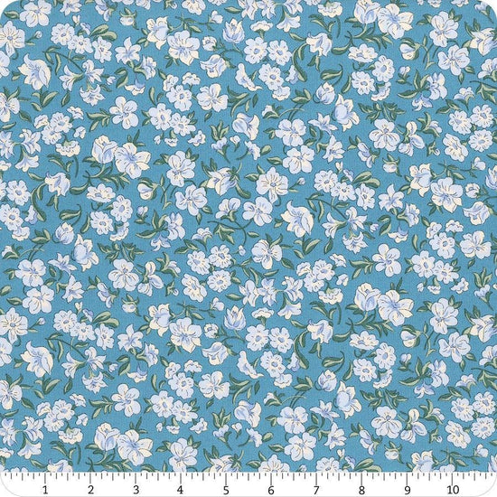 Floral Nostalgia Eleanor Grace quilting cotton fabric by Liberty Fabrics for Riley Blake Designs. Features flowers on a blue background. Cute Little Fabric Shop