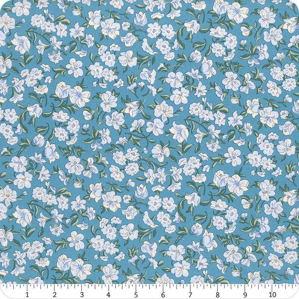 Floral Nostalgia Eleanor Grace quilting cotton fabric by Liberty Fabrics for Riley Blake Designs. Features flowers on a blue background. Cute Little Fabric Shop