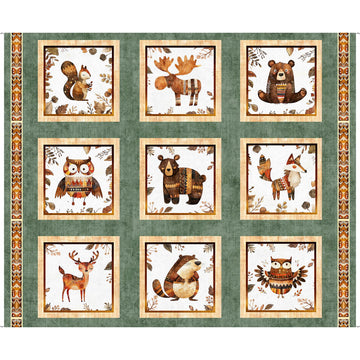 Bearsville Animal Picture Patches Panel 31258 Dark Sage H - QT Fabrics - Outdoors Wildlife Animals  - Quilting Cotton Fabric