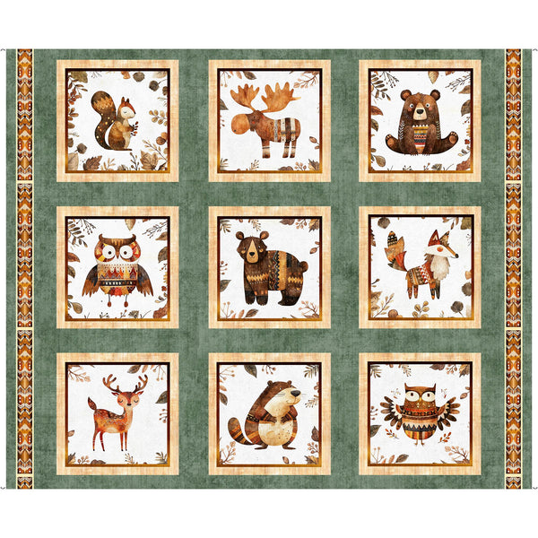 Bearsville Animal Picture Patches Panel 31258 Dark Sage H - QT Fabrics - Outdoors Wildlife Animals  - Quilting Cotton Fabric
