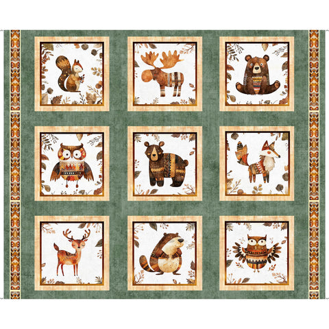 Bearsville Animal Picture Patches Panel 31258 Dark Sage H - QT Fabrics - Outdoors Wildlife Animals  - Quilting Cotton Fabric