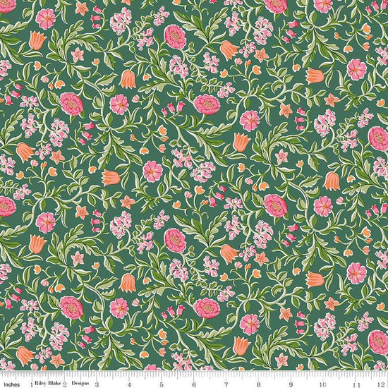 Image of Craft Garden May's Flowers quilting cotton fabric by Liberty Fabrics for Riley Blake Designs. Features flowers on a green background. Cute Little Fabric Shop