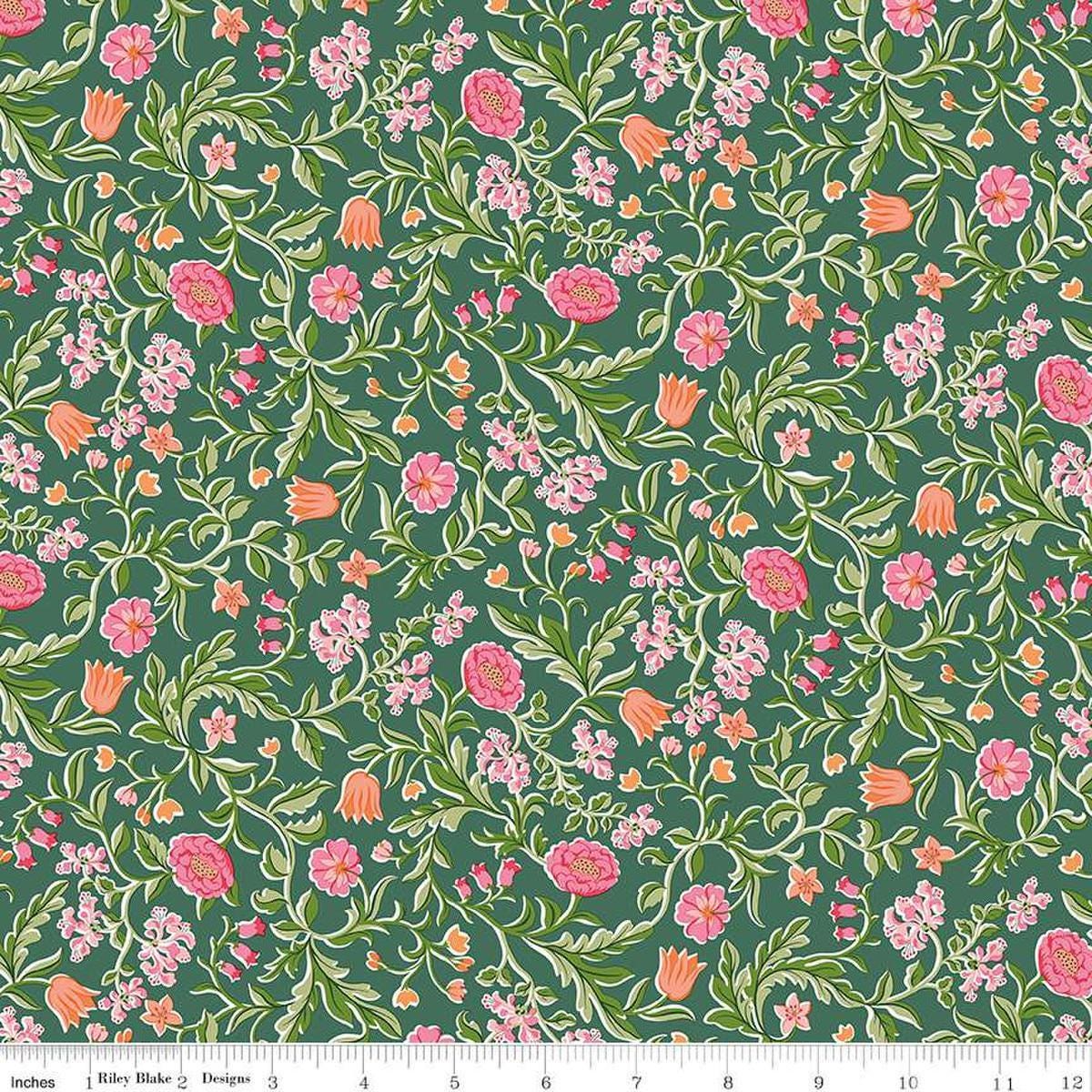 Image of Craft Garden May's Flowers quilting cotton fabric by Liberty Fabrics for Riley Blake Designs. Features flowers on a green background. Cute Little Fabric Shop