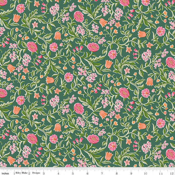 Image of Craft Garden May's Flowers quilting cotton fabric by Liberty Fabrics for Riley Blake Designs. Features flowers on a green background. Cute Little Fabric Shop
