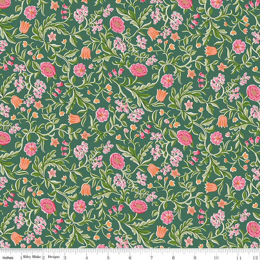 Image of Craft Garden May's Flowers quilting cotton fabric by Liberty Fabrics for Riley Blake Designs. Features flowers on a green background. Cute Little Fabric Shop