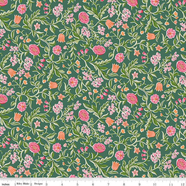 Image of Craft Garden May&#39;s Flowers quilting cotton fabric by Liberty Fabrics for Riley Blake Designs. Features flowers on a green background. Cute Little Fabric Shop