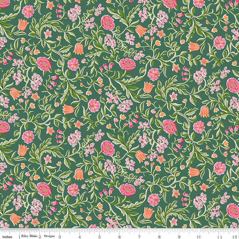 Image of Craft Garden May&#39;s Flowers quilting cotton fabric by Liberty Fabrics for Riley Blake Designs. Features flowers on a green background. Cute Little Fabric Shop