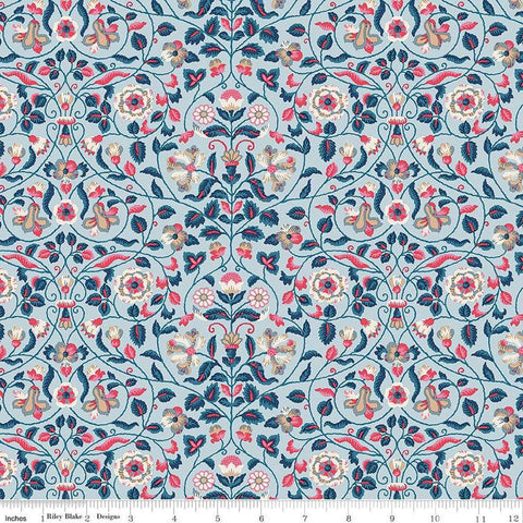 Image of Craft Garden Tapestry Trail quilting cotton fabric by Liberty Fabrics for Riley Blake Designs. Features flowers on a blue background. Cute Little Fabric Shop
