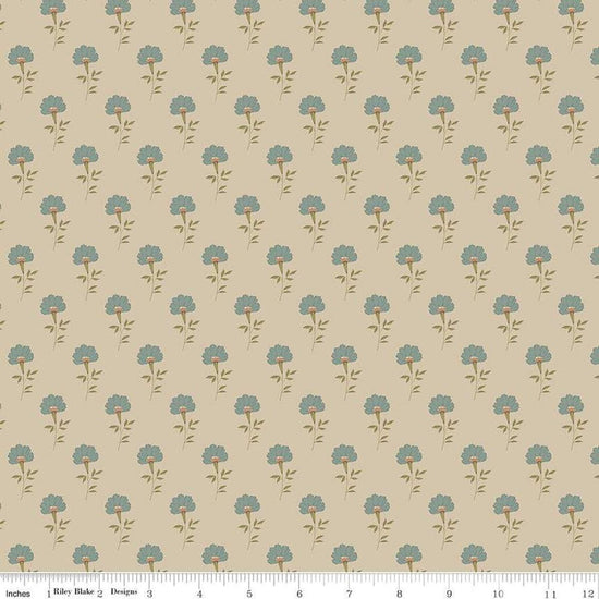 Image of Threads of Grace Flora Taupe quilting cotton fabric by Kassidy Grace for Riley Blake Designs. Features flowers on a beige background. Cute Little Fabric Shop