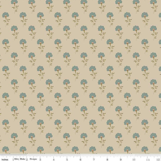 Image of Threads of Grace Flora Taupe quilting cotton fabric by Kassidy Grace for Riley Blake Designs. Features flowers on a beige background. Cute Little Fabric Shop