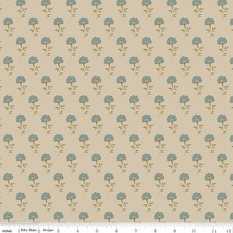 Image of Threads of Grace Flora Taupe quilting cotton fabric by Kassidy Grace for Riley Blake Designs. Features flowers on a beige background. Cute Little Fabric Shop